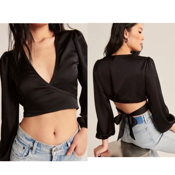Abercrombie & Fitch Tops - NWT Abercrombie & Fitch Black Satin Long Sleeve Wrap Crop Top S Minimalist Glam